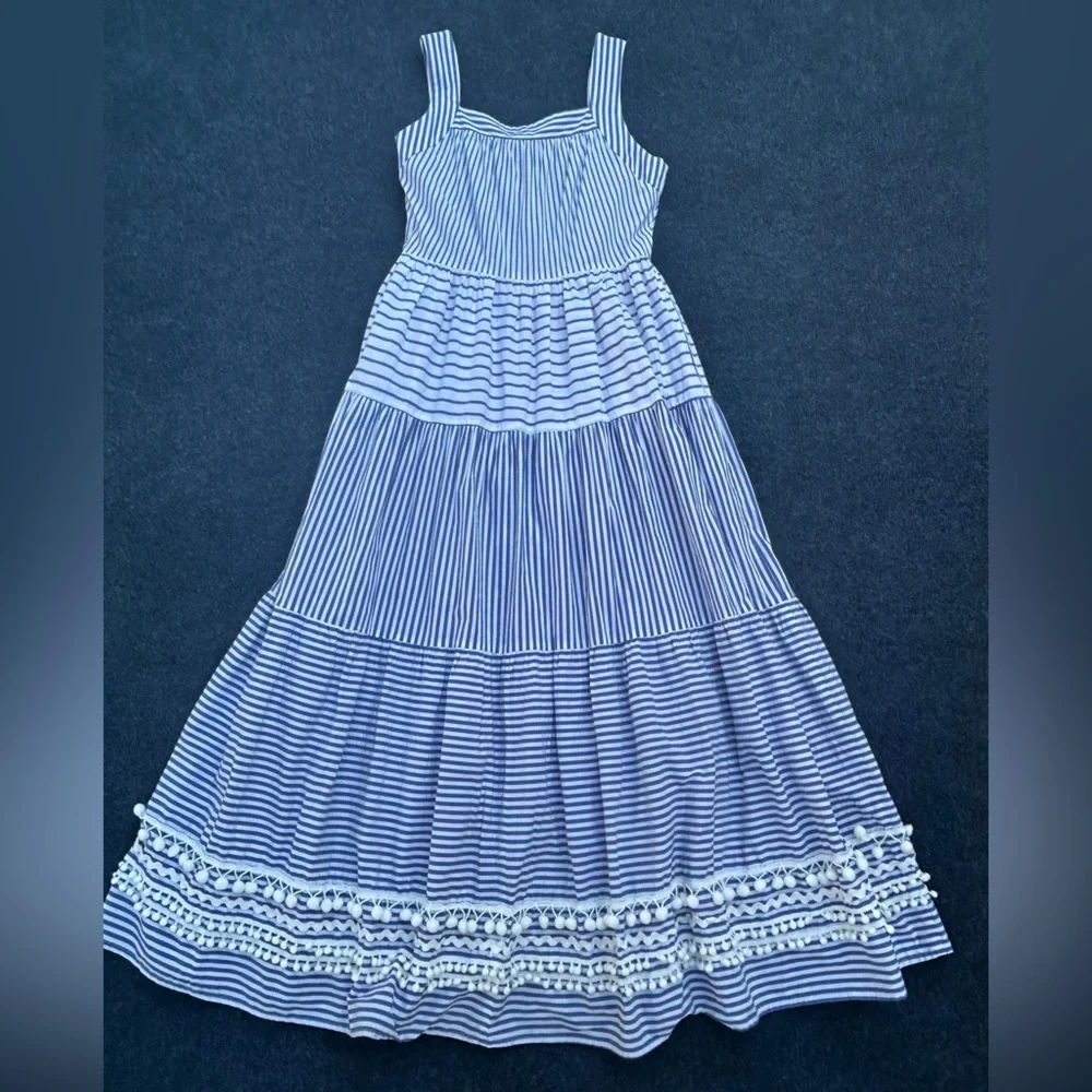 CK Bradley Blue White Striped Tiered Maxi Dress
Pockets Pompoms Medium flaw - Picture 3 of 15